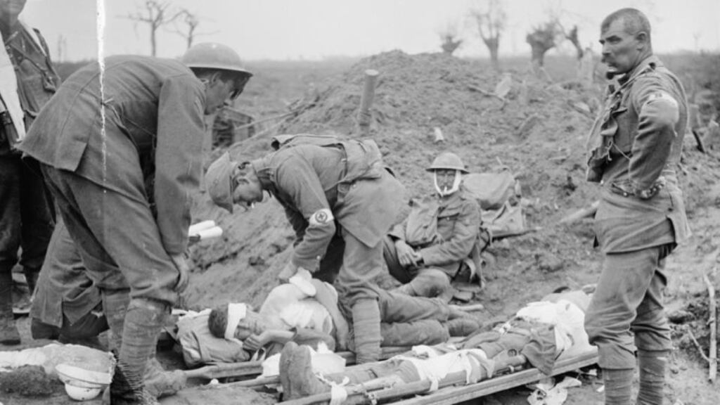 Pictured is a doctor dressing the wounds of Lieut Guy Morgan of the Irish Guards at the start of what came to be known as the Third Battle of Ypres or the Battle of Passchendaele, a campaign that took place over the second half of 1917. One interviewer of first World War veterans concluded that soldiers considered it worse than the Somme. (Courtesy of the Imperial War Museum, Q 5732)