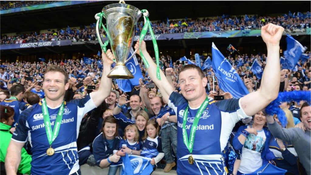 Gordon D’Arcy and Brian O Driscoll of Leinster celebrate after beating Ulster in the Heineken Cup Final in Twickenham in 2012. Photograph: Dara Mac Dónaill