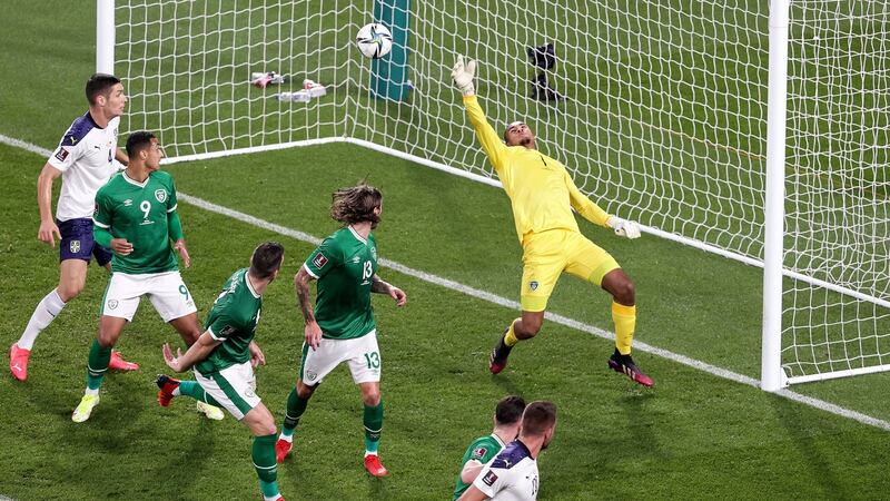 Serbia’s Sergej Milinkovic-Savic scores past Ireland goalkeeper Gavin Bazunu. Photo: Laszlo Geczo/Inpho