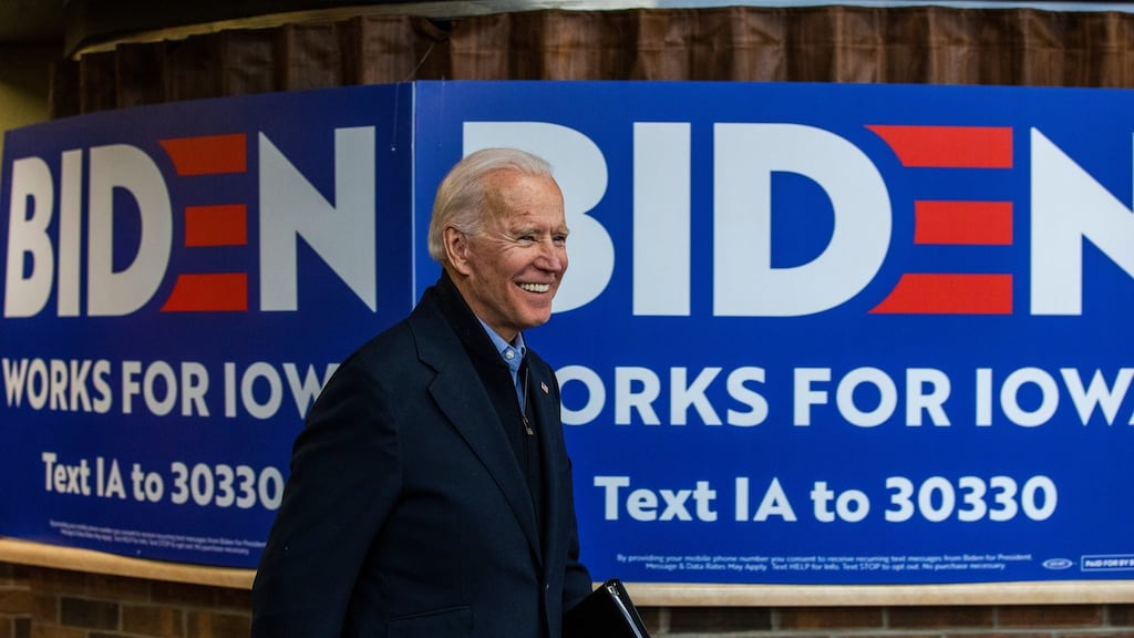 Former US vice-president Joe Biden during a bus tour campaign stop in Manchester, Iowa. Photograph: Brittainy Newman/The New York Times