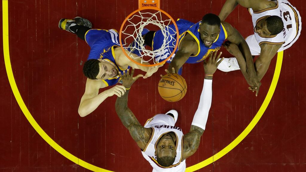 Cleveland Cavaliers forward LeBron James takes a rebound during the NBA Finals game six at Quicken Loans Arena in Cleveland, Ohio. Photograph: EPA