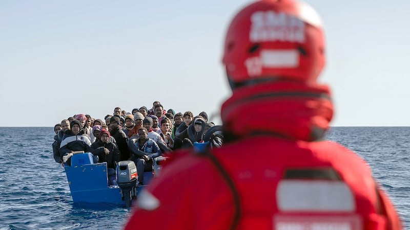 Migrants wait to be taken to the Spanish NGO Maydayterraneo’s Aita Mari rescue boat during the rescue of 65 migrants off the Libyan coast on Monday. Photograph: Pablo Garcia/AFP)