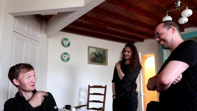 Richard Byrne, Rory Murphy and Elliot Murphy laugh in the face of hell in a break from recording Dante’s Inferno. Photograph: John Fleming