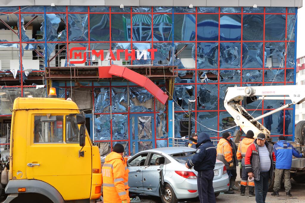 At least six people were killed and 17 wounded after a Ukrainian rocket strike on the Russian border city of Belgorod. Photograph: AFP via Getty Images