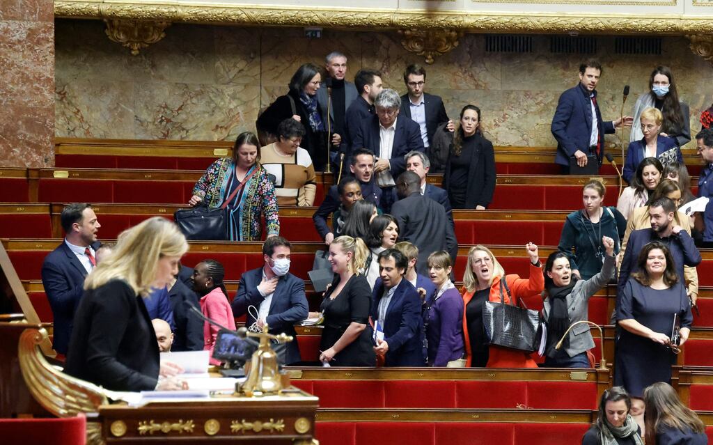 As the pensions reform debate France's National Assembly ended on on February 17th, left-wing members chanted slogans from street demonstrations in response to right-wing members singing La Marseillaise. Prime minister Elisabeth Borne accused the opposition of “turning democracy into a circus”. Photograph: Ludovic Marin/Getty Images