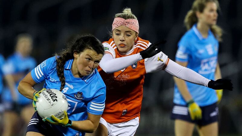Armagh’s Niamh Coleman challenges Leah Caffrey of Dublin during the TG4 Ladies Senior All-Ireland football championship semi-final at Kingspan Breffni Park. Photograph: Lorraine O’Sullivan/Inpho