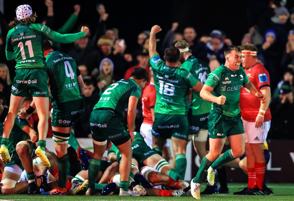 Connacht players celebrate Paul Boyle scoring their third try during the United Rugby Championship match against Munster at the Sportsground. Photograph: James Crombie/Inpho