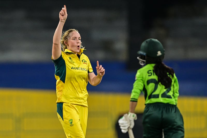 Australia's Kim Garth celebrates after taking the wicket of Pakistan's Sidra Nawaz during the ICC Women's Cricket World Cup match at the R Premadasa International Cricket Stadium in Colombo. Photograph: Ishara S Kodikara/AFP via Getty Images