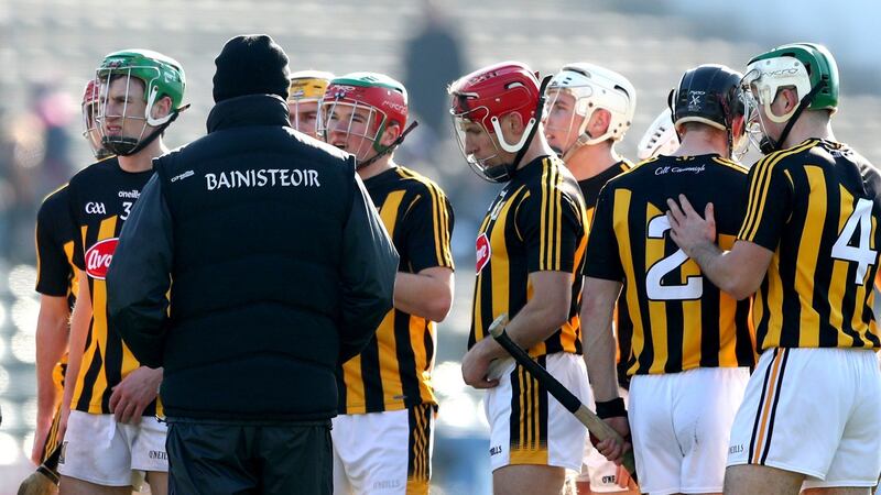 Brian Cody speaks to his Kilkenny team ahead of their win over Tipp. Photograph: James Crombie/Inpho
