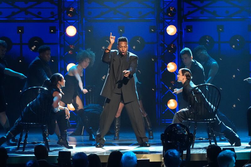 Leslie Odom Jr performs with the original cast of Hamilton, marking the 10th anniversary of the show’s opening, during the 78th Tony Awards. Photograph: Sara Krulwich/The New York Times