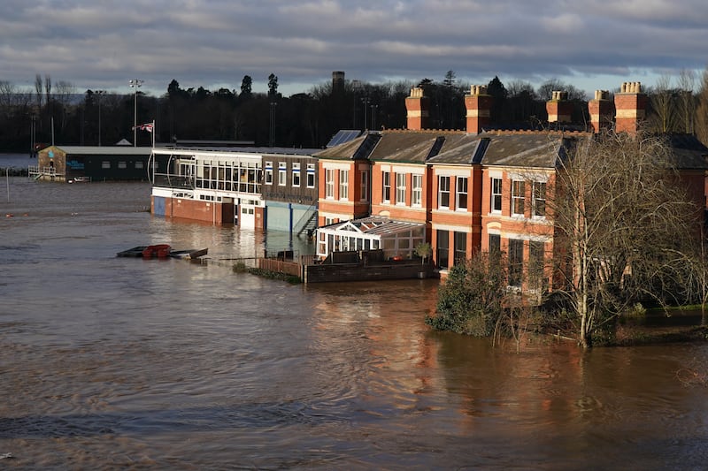 Flooded buildings next to the River Wye in Hereford, England after Storm Darragh hit the UK and Ireland. Photograph: Jacob King/PA Wire