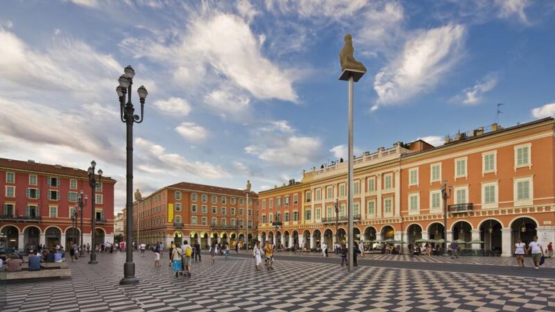 Place Massena with the work ‘Conversation in Nice’ by Jaume Plensa (the seven statues represent the continents). Photograph: Getty