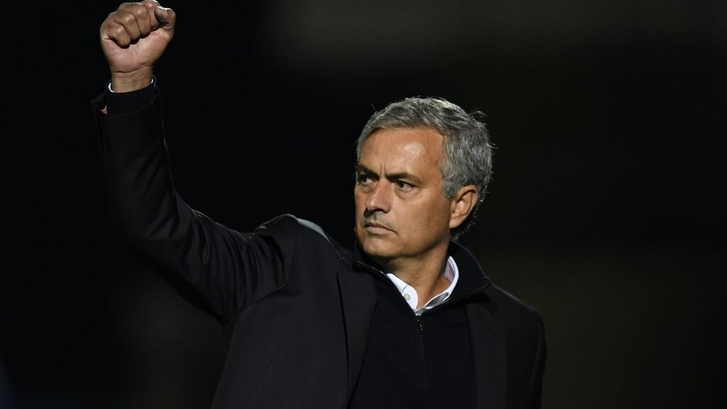 Jose Mourinho, Manager of Manchester United celebrates during the EFL Cup Third Round match against Northampton at Sixfields. Photo: Shaun Botterill/Getty Images
