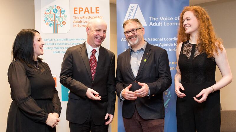 The National Adult Learning Organisation (AONTAS) jointly hosted a “Self Care for Educators” event in Dublin recently, in partnership with EPALE Ireland and Léargas. The event heard how educators in the adult and community education sector are increasingly experiencing stress and burnout. EPALE is a community of adult learning professionals - funded by the European Union – which provides professional development for educators in the area of self-care. Above: Dearbhail Lawless, AONTAS; Minister of State at the Department of Health, Jim Daly; Dr Eddie Murphy, psychologist and author; and Laura Austen-Gray, EPALE coordinator for Ireland, Leargas at the Gresham Hotel. Photograph: Karl Hussey