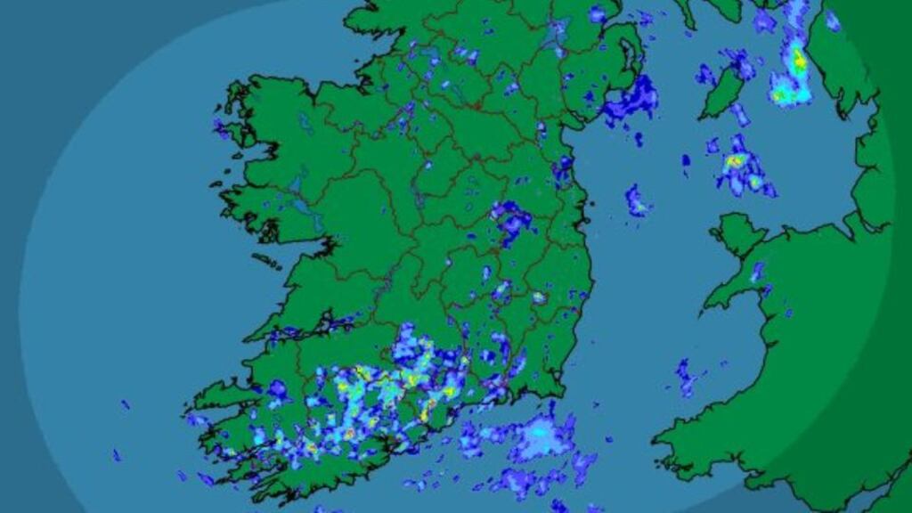 A radar image showing rainfall over Ireland at 9.45am provided by Met Éireann