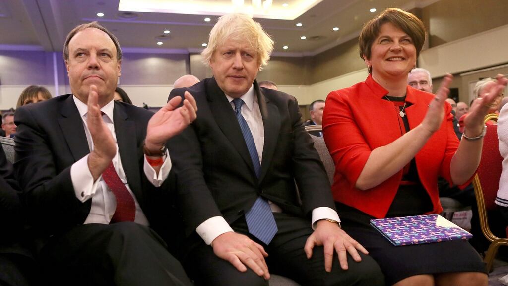 Nigel Dodds, Boris Johnson and Arlene Foster. Photograph: Paul Faith/AFP via Getty