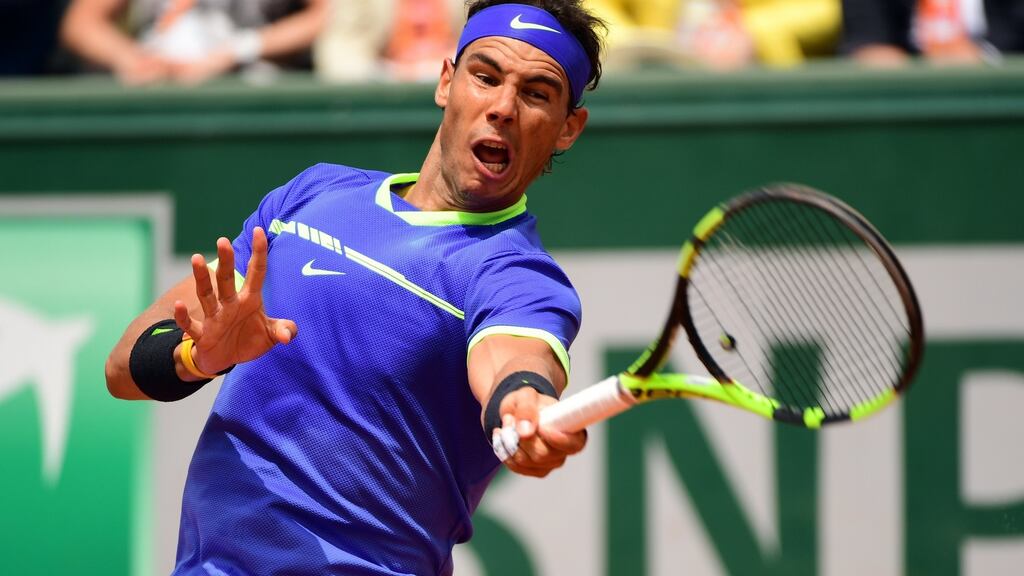 Rafael Nadal of Spain in action against Roberto Bautista Agut of Spain during their men’s singles 4th round match during the French Open at Roland Garros in Paris. Photograph: Caroline Blumberg/EPA