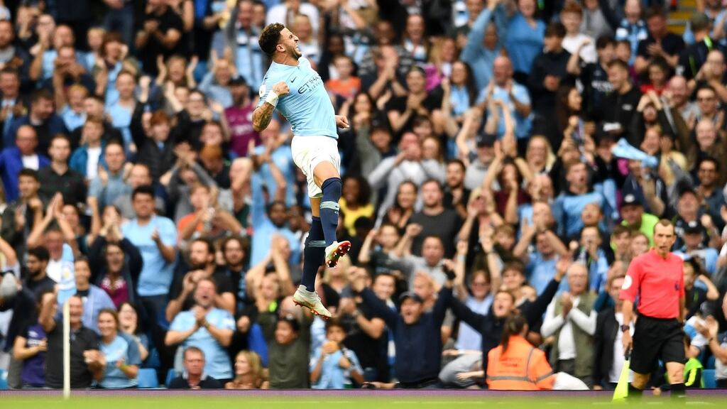 Kyle Walker of Manchester City celebrates after scoring his team’s second goal during the Premier League match between Manchester City and Newcastle United. Photo: Clive Mason/Getty Images