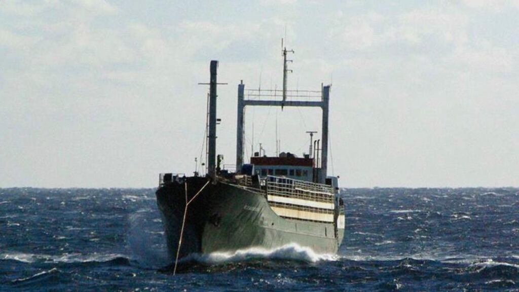 Sierra Leone-flagged Ezadeen vessel, carrying hundreds of migrants, is towed by the Icelandic Coast Guard vessel Tyr in rough seas in the Mediterranean sea off Italy’s south coast. Photograph: Icelandic Coast Guard/ Handout/Reuters.