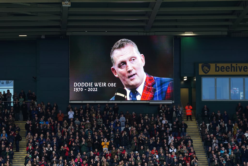 A tribute to the late Doddie Weir on the big screen ahead of the Leicester Tigers versus London Irish Premiership match at Welford Road Stadium. Photograph: David Davies/PA