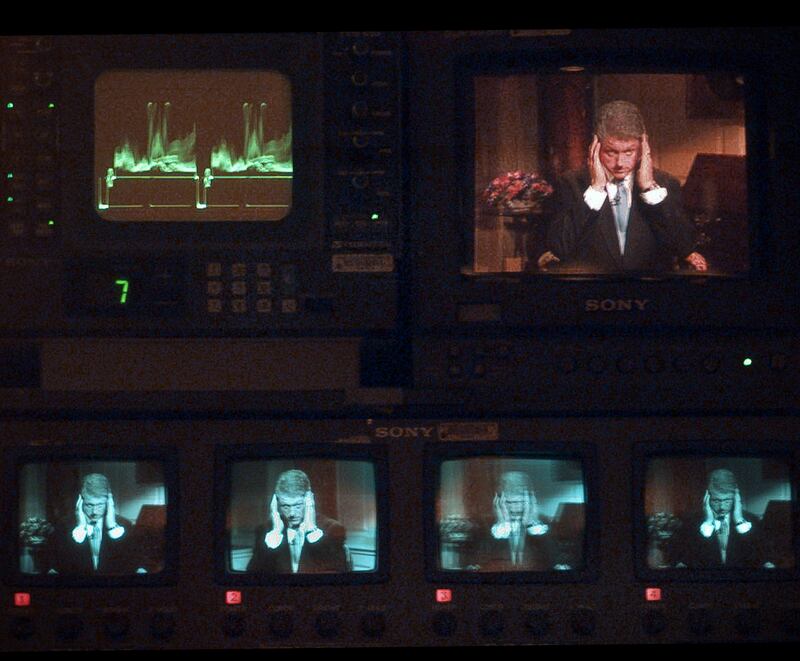 Monica Lewinsky: President Bill Clinton prepares to go on the air to acknowledge having had an inappropriate relationship with the White House intern, in 1998. Photograph: Stephen Crowley/New York Times