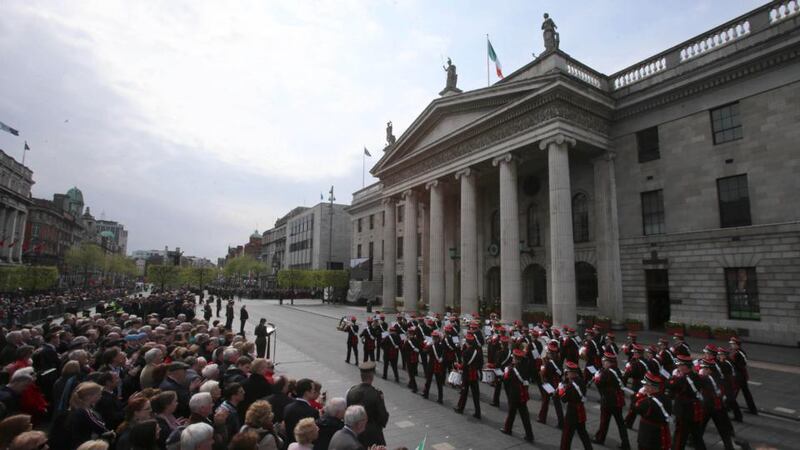 Thousands gathered to commemorate the 98th anniversary of the 1916 Easter Rising at the GPO in Dublin this afternoon. Photograph: Niall Carson/PA Wire