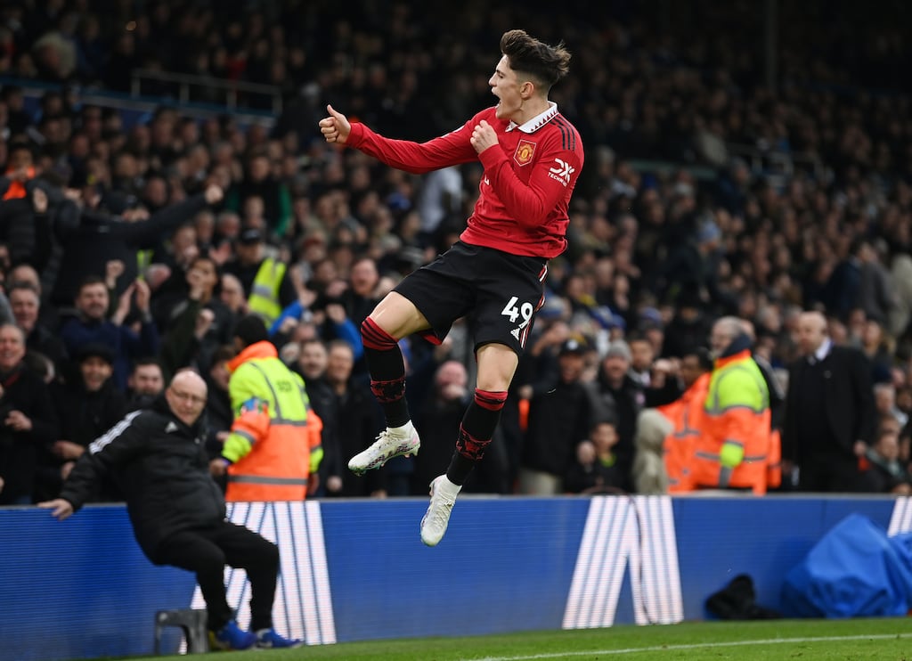 Teenage kicks: Manchester United's 18-year-old forward Alejandro Garnacho celebrates after scoring his team's second goal in their win over Leeds United. Photograph: Gareth Copley/Getty Images