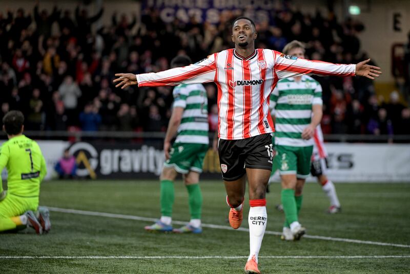 Sadou Diallo of Derry City celebrates after scoring his side's second goal against Shamrock Rovers. Photograph: Andrew Paton/Inpho