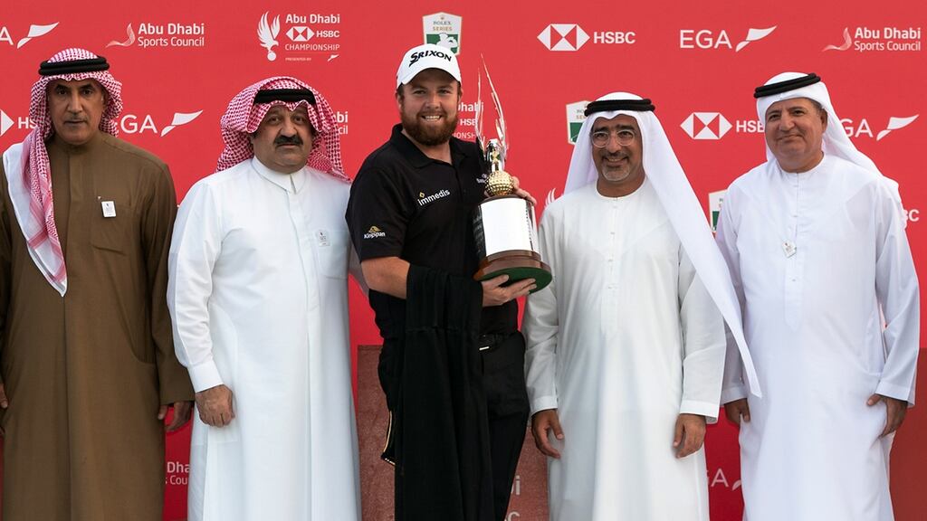 Shane Lowry with the trophy after winning the 2019 Abu Dhabi HSBC Golf Championship in Abu Dhabi. Photograph: Neville Hopwood/EPA
