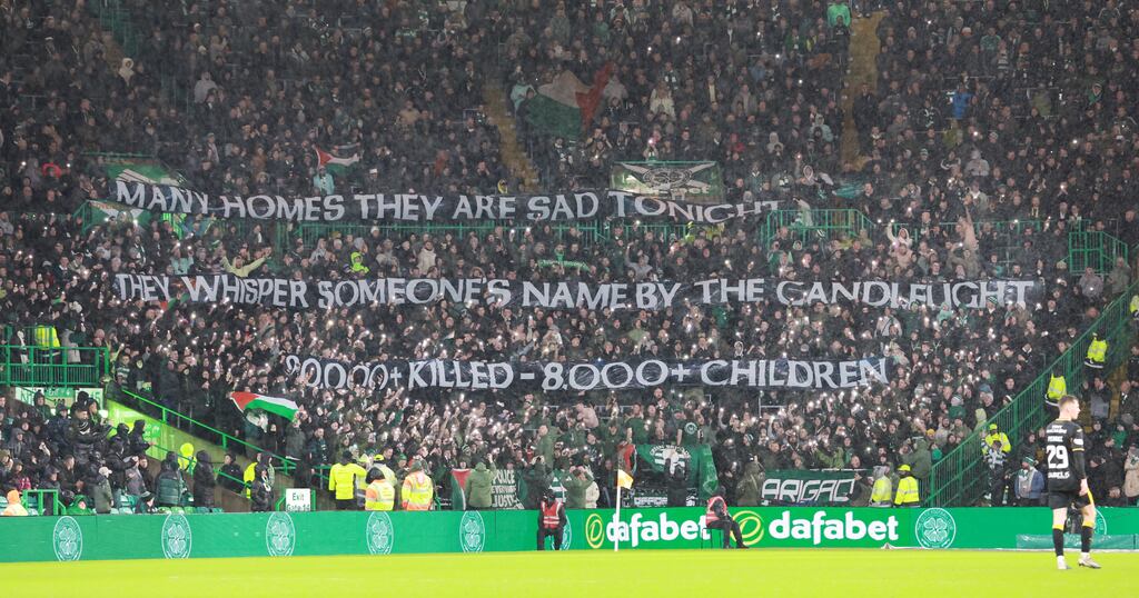 Celtic’s Green Brigade fans group display a banner during their team's match against Livingston last Saturday. This weekend their team goes into the Old Firm derby under pressure to win. Photograph: Steve Welsh/PA Wire