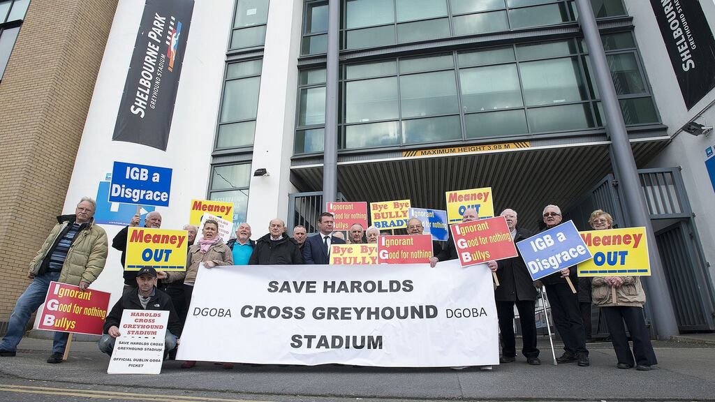 Picketers outside Shelbourne Park dog track in April 2017 protesting at the closure of the Harold’s Cross stadium. Photograph: Dave Meehan/The Irish Times