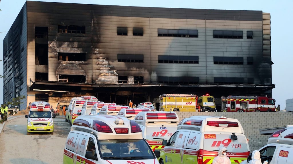 Ambulances carrying victims from a construction site in Icheon, South Korea. Photograph: Hong Ki-won/Yonhap via AP