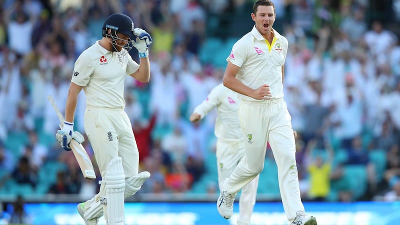 Australia’s Josh Hazlewood celebrates the late wicket of Jonny Bairstow. Photograph: Cameron Spencer/Getty