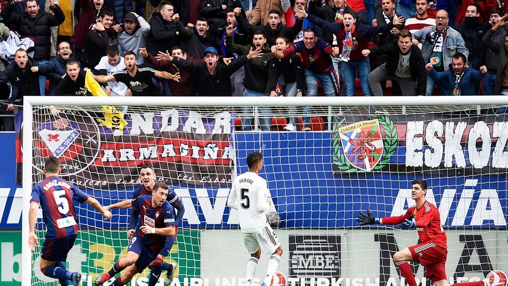 Sergi Enrich of Eibar scores his team’s second goal during the La Liga match against  Real Madrid  at Ipurua Municipal Stadium. Photograph: Juan Manuel Serrano Arce/Getty Images