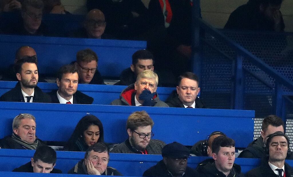 Arsène Wenger watches on from the Stamford Bridge press box. Photograph: Adam Davy/PA