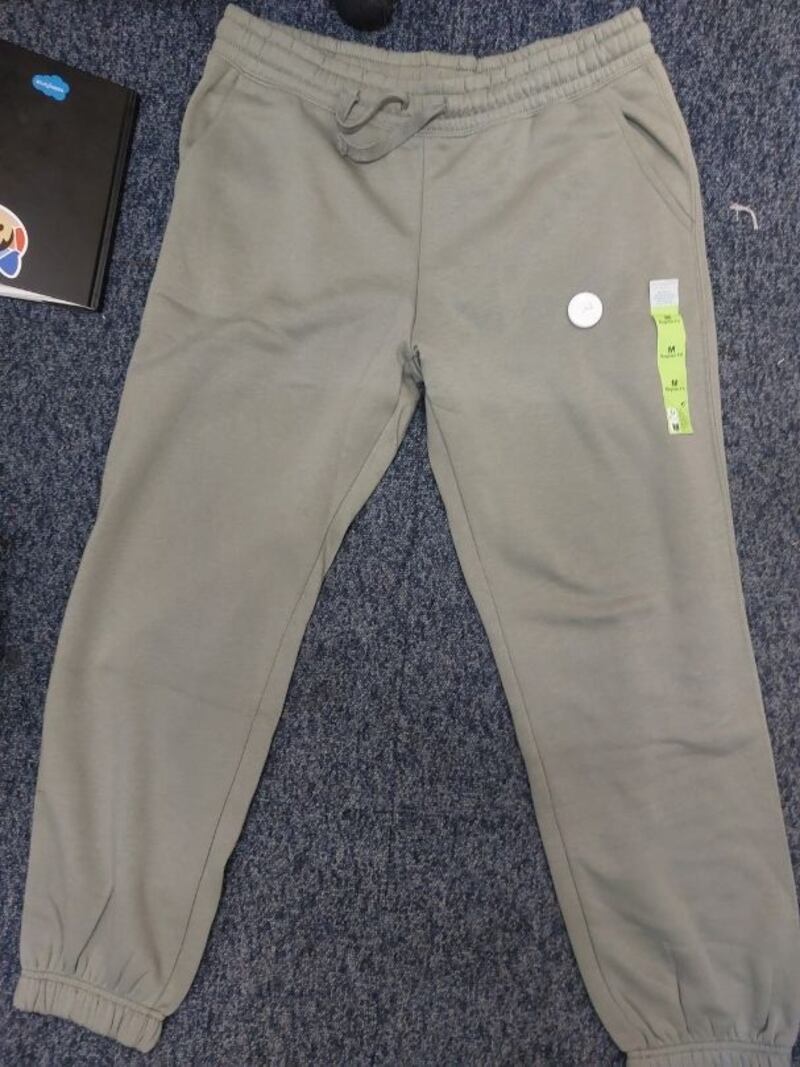 These khaki joggers were dropped in a clothing bank in December 2024