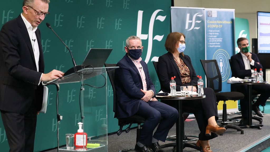 Dr Colm Henry, Paul Reid and Anne O’Connor at Dr Steevens Hospital for the HSE’s operational update on the response to Covid-19. Photograph: Leah Farrell / Photocall Ireland