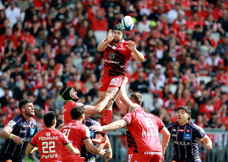Toulouse's François Cros wins a lineout in the Champions Cup semi-final against Bordeaux-Bègles on Saturday. Photograph: Dan Sheridan/INPHO