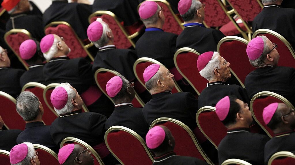 Bishops take part in the commemoration of the 50th Anniversary of the Synod of Bishops at Paul VI Hall, Vatican. Photograph: Giuseppe Lami/EPA