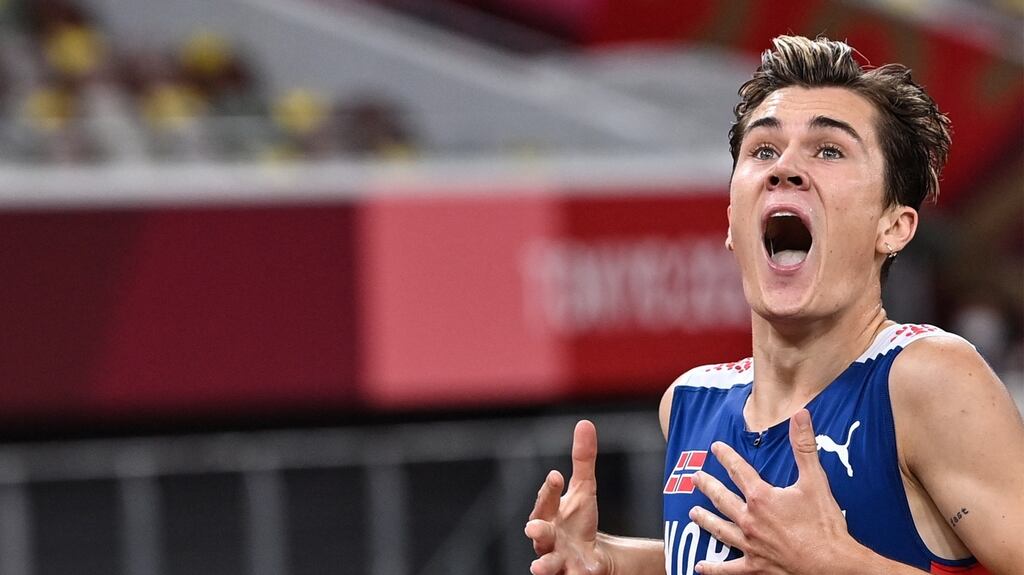 Norway’s Jakob Ingebrigtsen celebrates after winning the men’s 1,500m final at the Olympic Stadium in Tokyo. Photograph: Andrej Isakovic/AFP via Getty Images