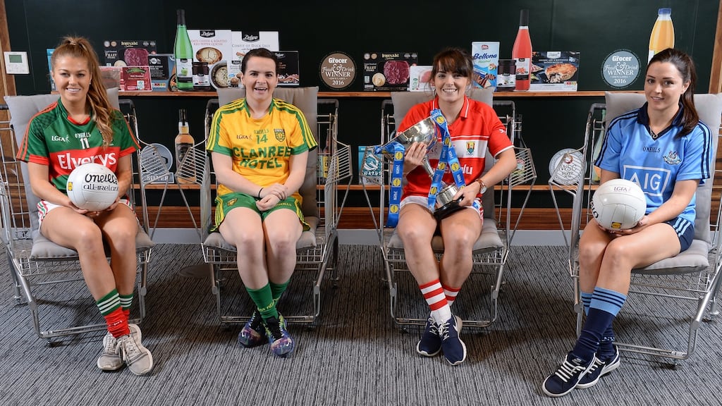 Mayo’s Sarah Rowe, Donegal’s Geraldine McLaughlin, Cork’s Jess O’Shea and Dublin’s Sinéad Goldrick attend the announcement of Lidl Ireland’s second year of partnership with the Ladies Gaelic Football Association. Photograph: Sam Barnes/Sportsfile