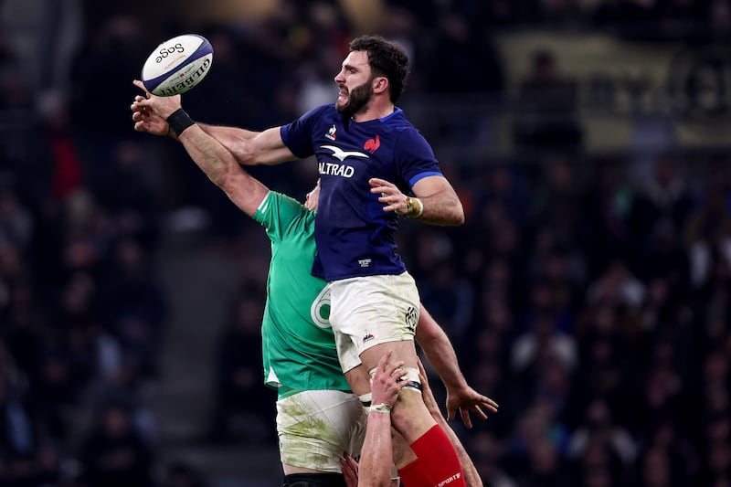 France’s Charles Ollivon competes with Peter O’Mahony of Ireland in the lineout. Photograph: Ben Brady/Inpho