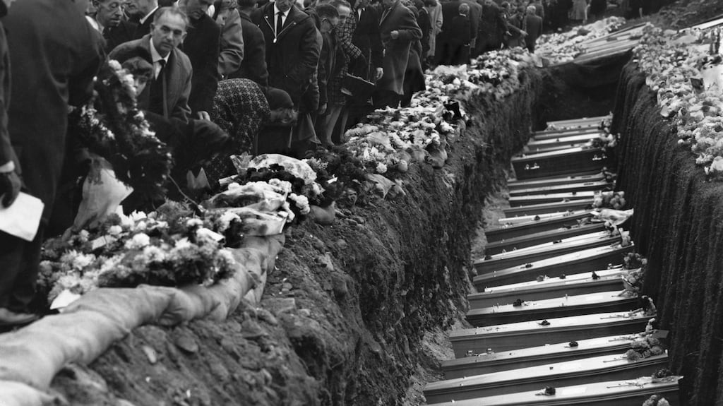 Inhabitants of the Welsh mining village of Aberfan attend the mass funeral for 81 of the 190 children and adults who perished when a landslide engulfed the junior school on October 21st, 1966. Photograph: George Freston/Getty Images