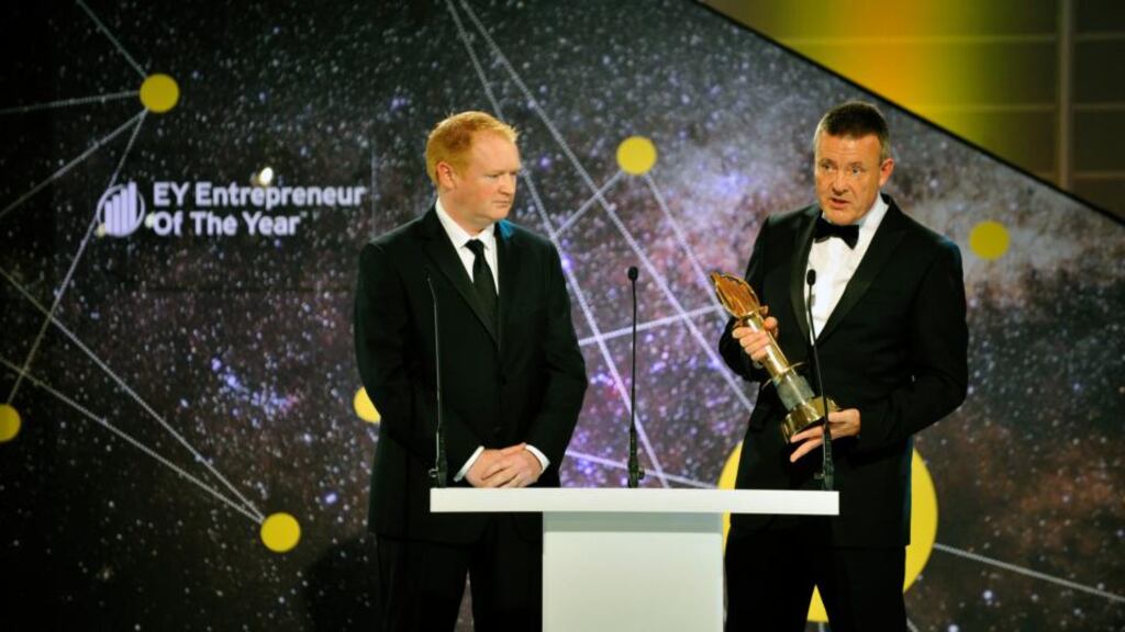 Kieran Fitzpatrick and Maurice Curran from Barracuda FX, winners of the EY Emerging Entrepreneurs of the Year award. Photograph: Aidan Crawley