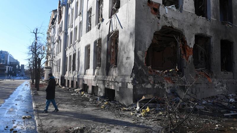 A damaged building after shelling is seen in Kharkivon Sunday. Photograph: Andrzej Lange/EPA