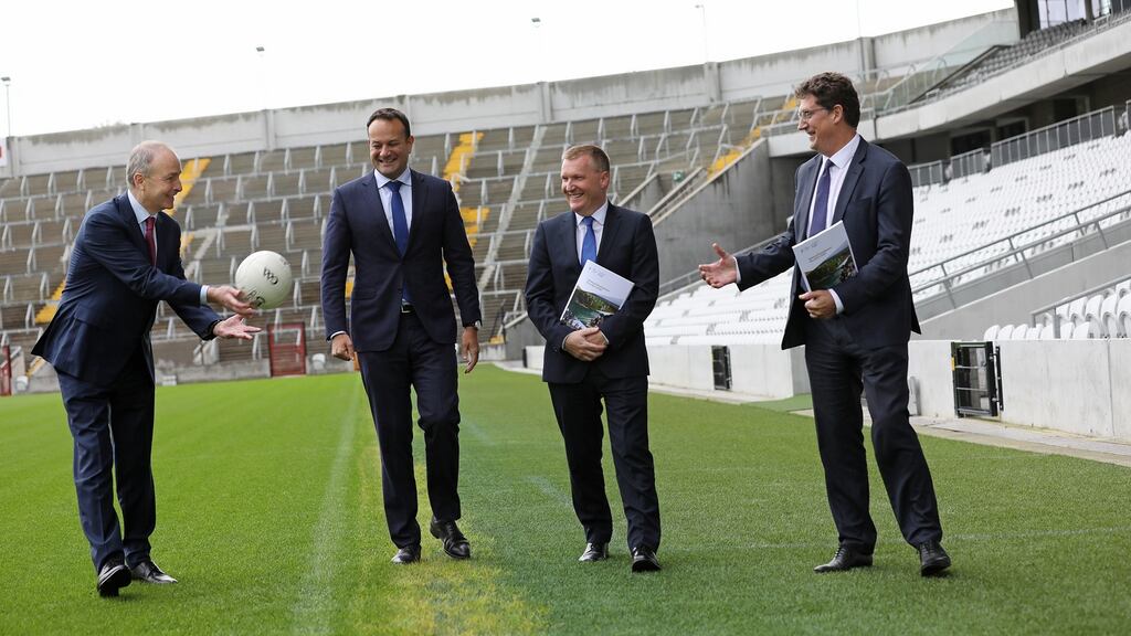 Can I kick it? Micheál Martin, Leo Varadkar, Michael McGrath and Eamon Ryan at Páirc Uí Chaoimh. Photograph: Julien Behal