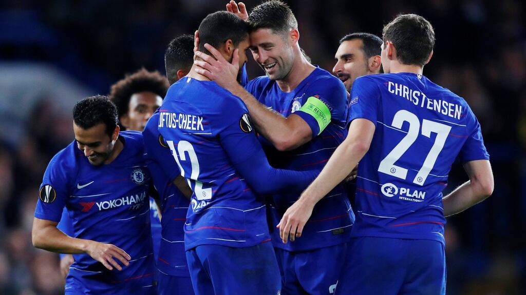 Chelsea celebrate Ruben Loftus-Cheek’s third goal against BATE Borisov. Photograph: Eddie Keogh/Reuters