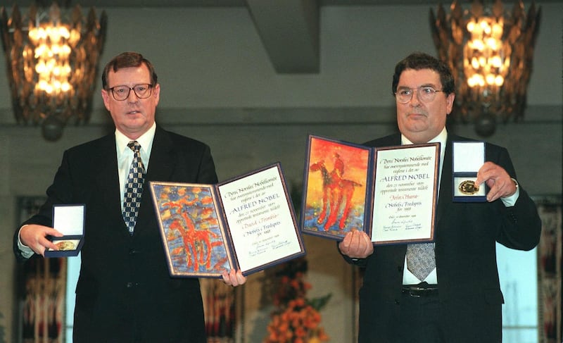 Nobel Peace Prize winners David Trimble and John Hume at the presentation ceremony in Oslo City Hall on December 10th, 1998. Photograph: Matt Kavanagh