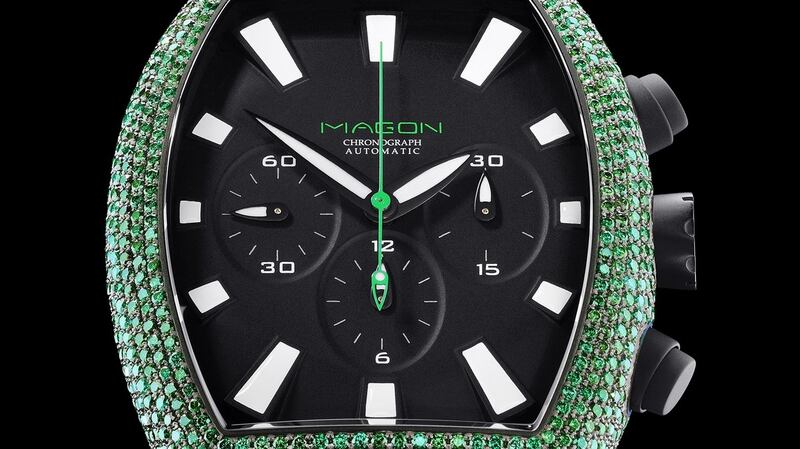 Forsa Solas, a unique timepiece with 700 green diamonds is a collaboration between horologist Stephen McGonigle and jeweller Nigel O’Reilly