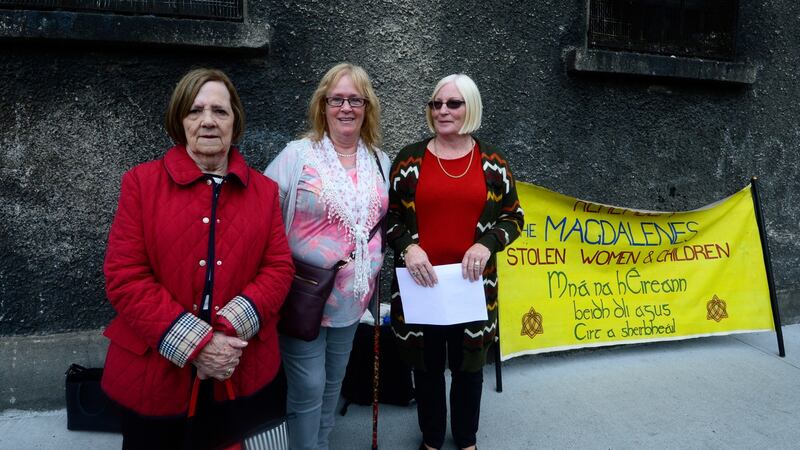 Pictured outside the former Magdalene laundry on Sean McDermott Street are, from left Mary Merritt, Angela Merrigan (on behalf of her mother Mary) and Lindsay Rehn. Photograph: Cyril Byrne